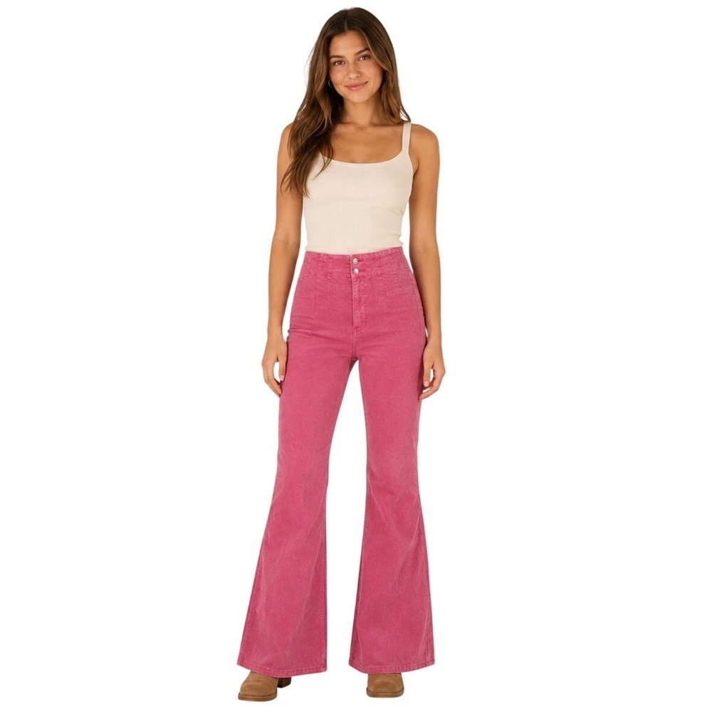We The Free People Jayde Cord High Rise Flare Jeans Pink 30 OB1224978